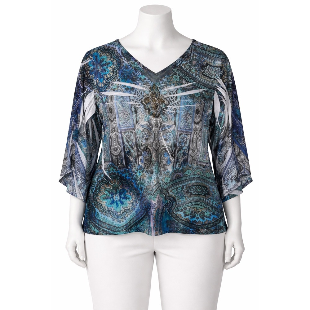Chico's Size 3 XL Paisley Mandala Print Top Blue Teal Embellished V-Neck Flutter